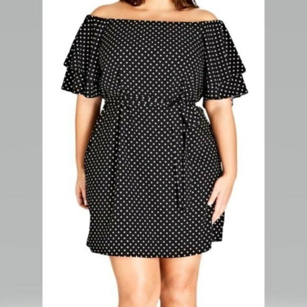 Off-Shoulder Black Polka Dot Dress with Waist Tie